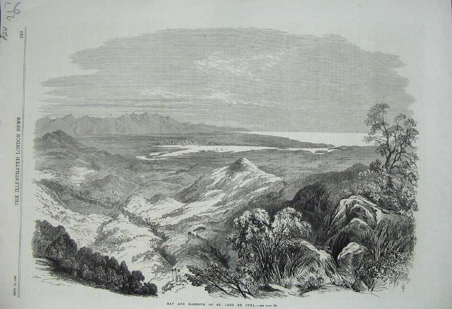 Old Antique Print 1869 View Bay Harbour St Jago De Cuba Mountains Trees 19th