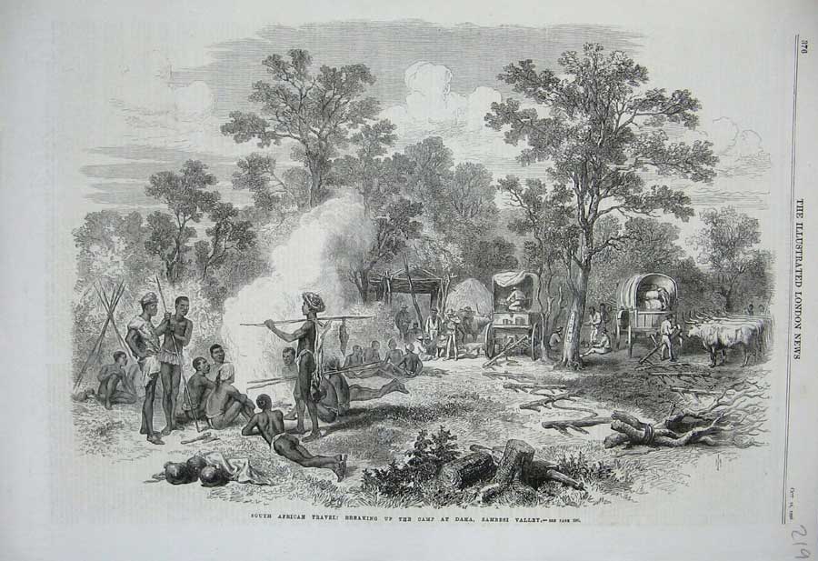 Old Antique Print 1869 South Africa Camp Daka Zambesi Valley Natives War 19th