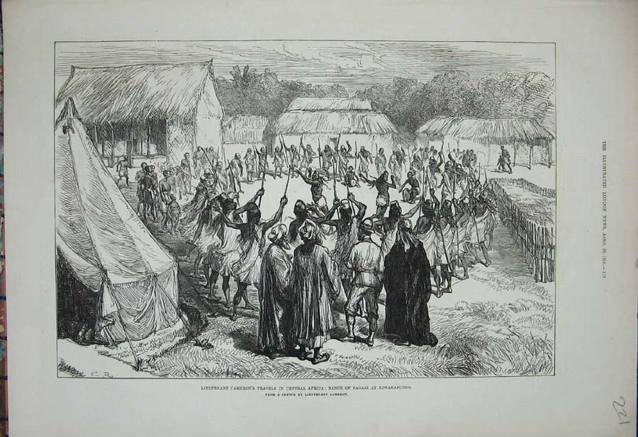 Old Antique Print 1876 Lieutenant Cameron Africa Pagazi Kiwakasongo Dance 19th