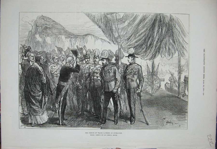 Original Old Antique Print Prince Wales Gibraltar 1876 Siers Boat Army Men 19th