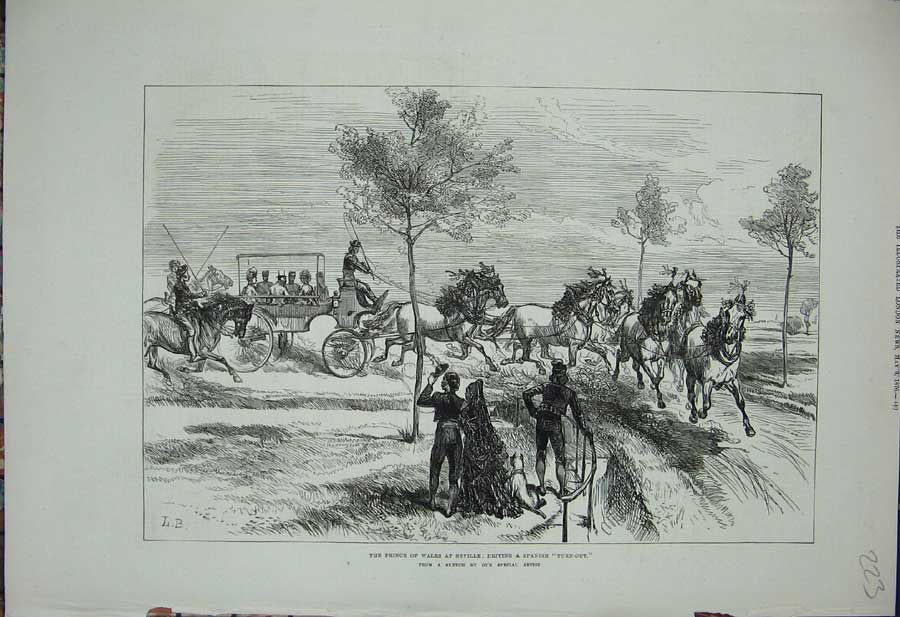 Old Antique Print 1876 Prince Wales Seville Spanish Horses Carriage Spain 19th