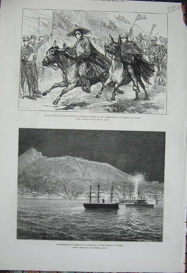 Old Antique Print Donkey Gibraltar Athletics Sport Prince Wales Ship 1876 19th