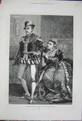 Original Old Antique Print 1876 Tennyson Queen Mary Lyceum Theatre Man Woman