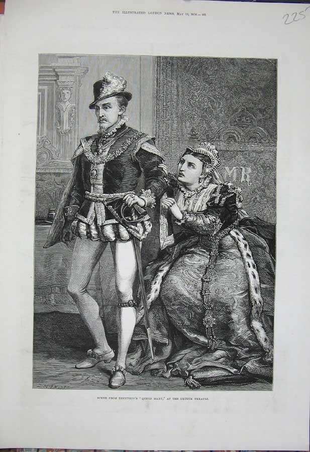 Original Old Antique Print 1876 Tennyson Queen Mary Lyceum Theatre Man Woman