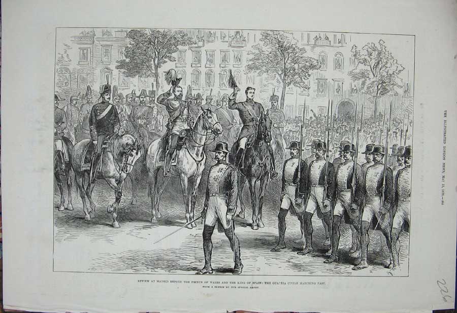 Old Antique Print 1876 Madrid Spain Prince Wales King Guardia Civile Army 19th