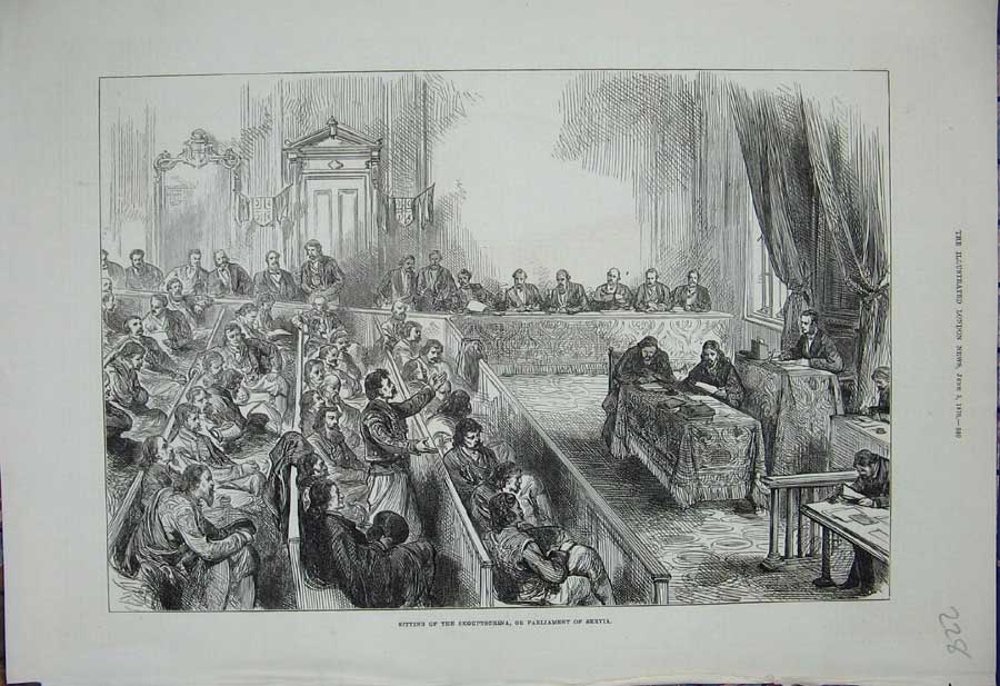 Original Old Antique Print 1876 Skouptschina Parliament Servia People Meeting