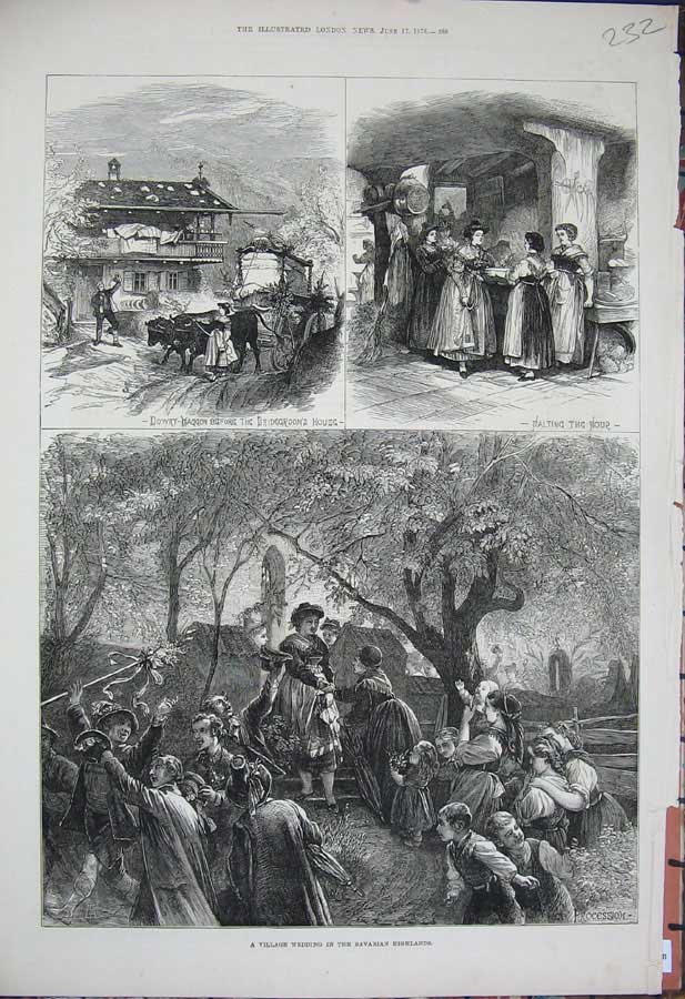 Original Old Antique Print 1876 Village Wedding Bavarian Highlands Dowry Waggon