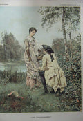 Original Old Antique Print 1887 Colour Kind Man Woman Romance Country Lake 19th