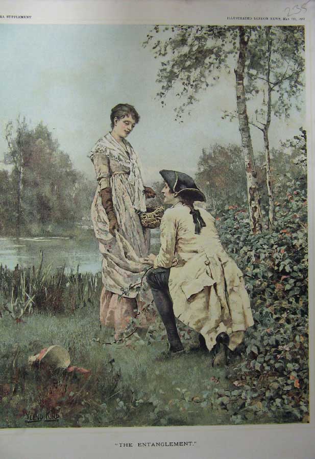 Original Old Antique Print 1887 Colour Kind Man Woman Romance Country Lake 19th