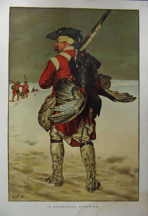 Original Old Antique Print Colour Sier Army Man Dead Bird Snow War Art