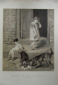 Original Old Antique Print 1888 Sepia Little Girl Puppy Dogs Broken Plate 19th