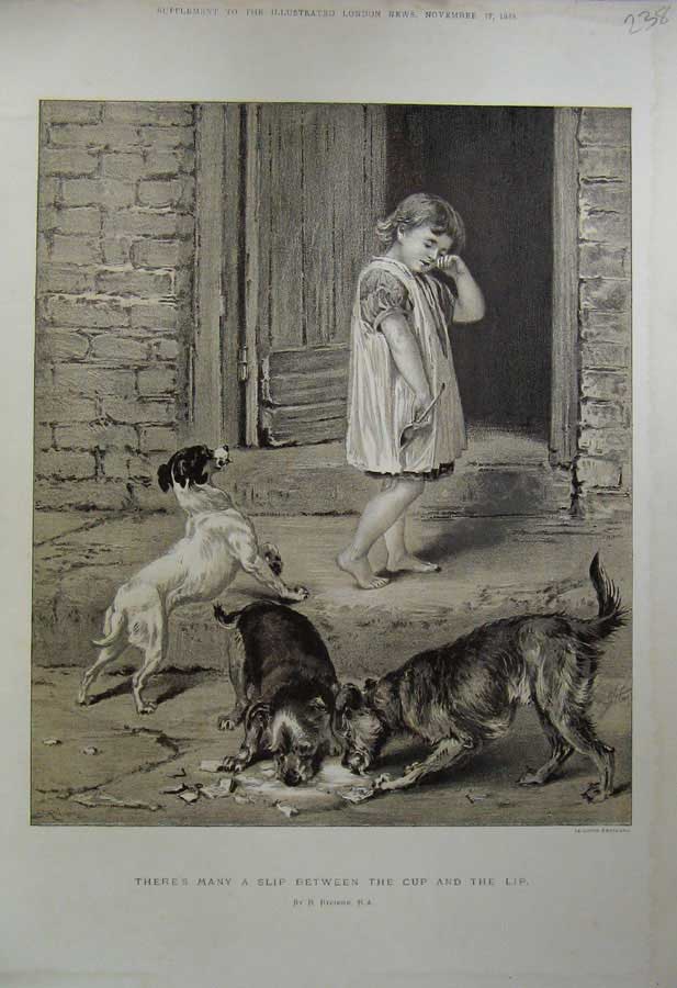 Original Old Antique Print 1888 Sepia Little Girl Puppy Dogs Broken Plate 19th