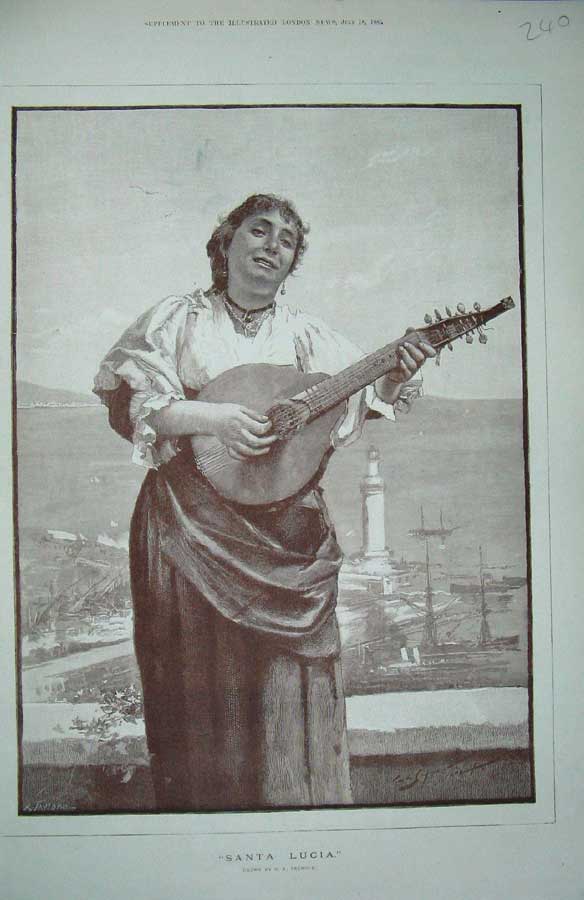 Original Old Antique Print 1885 Sepia Santa Lucia Woman Music Ships Sea 19th
