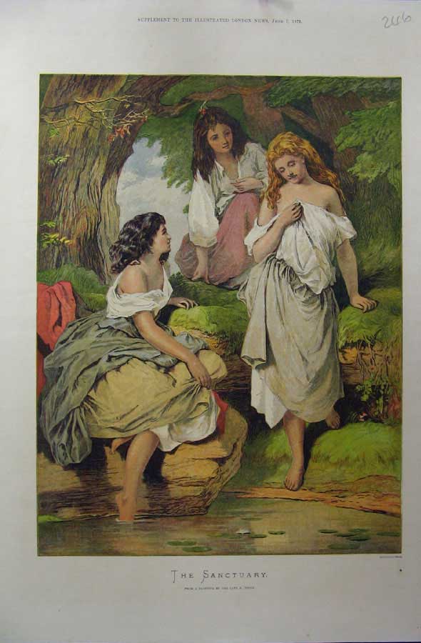 Original Old Antique Print 1873 Colour Young Women Country River Trees 19th