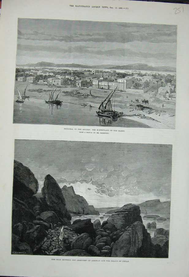 Old Antique Print 1883 Dongola Soudan Mahdi River Nile Island Philae Ship 19th