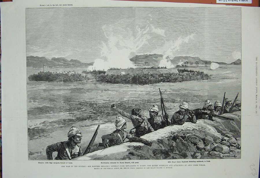 Original Old Antique Print 1885 War Soudan Redvers Buller Metammeh Klea Wells