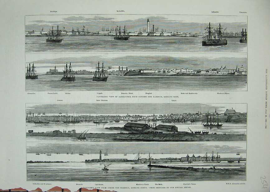 Old Antique Print 1882 Alexandria Panoramic Harbour Ships Sultan Palace 19th