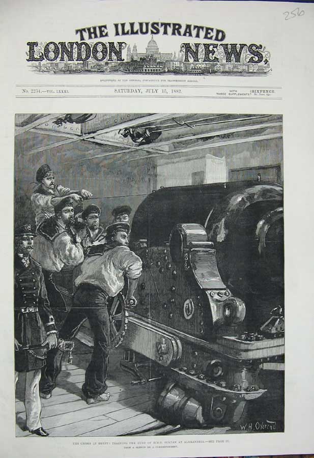 Old Antique Print 1882 Egypt Guns H.M.S Sultan Alexandria War Navy Sailor 19th