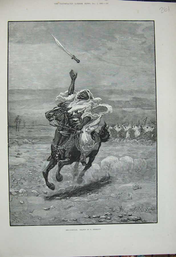 Original Old Antique Print Exultation 1883 Man War Horse Waepon Sword Berkley