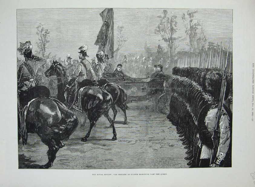 Original Old Antique Print 1882 Royal Review Brigade Guards Siers Army Queen