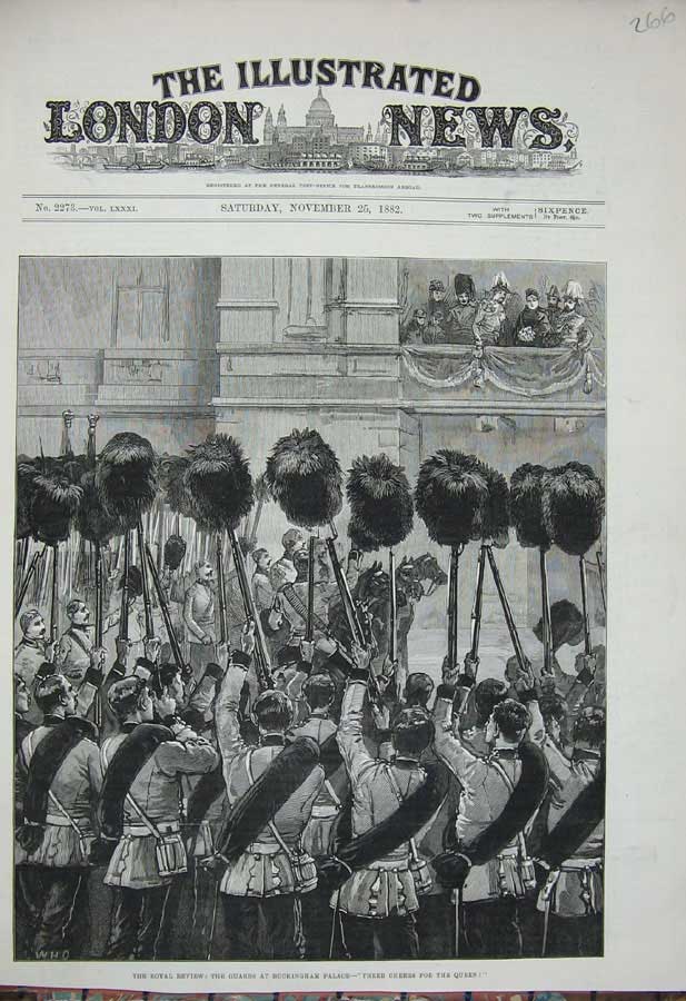 Old Antique Print 1882 Royal Review Guards Buckingham Palace Queen London 19th