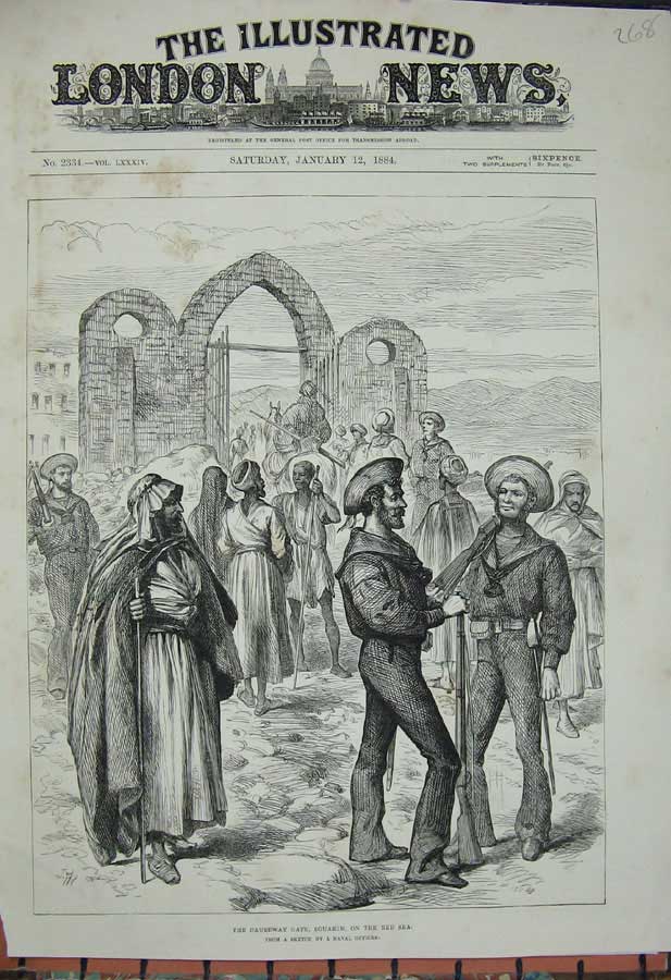Original Old Antique Print 1884 Causeway Gate Souakim Red Sea Navy Seirs 19th