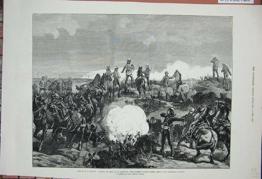 Original Old Antique Print War Egypt 1882 Mahuta Explosion Siers Army Horses