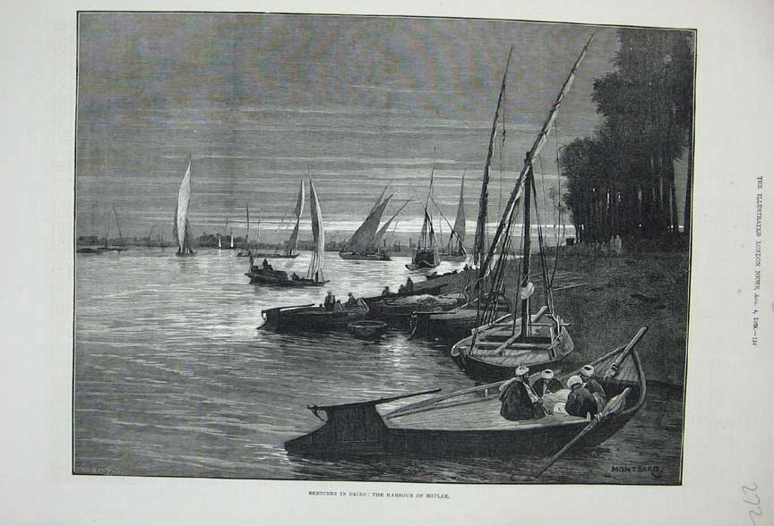 Old Antique Print 1883 Cairo Egypt Harbour Boulak Sailing Boats Montbard 19th