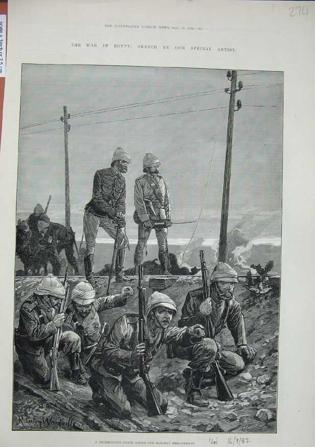 Original Old Antique Print 1882 Skirmishing Party Railway Embankment War Siers