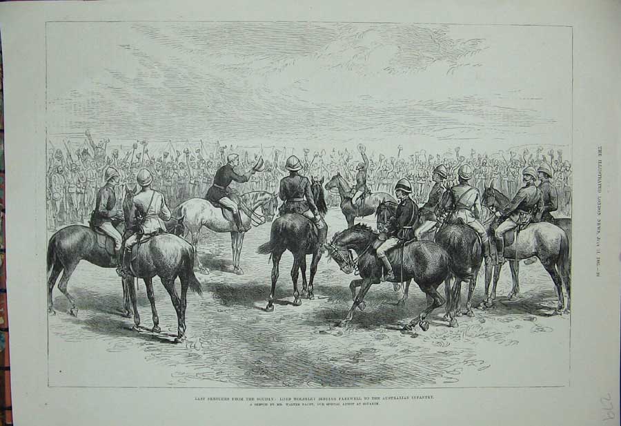 Original Old Antique Print 1885 Soudan Lord Wolseley Australian Siers Army War