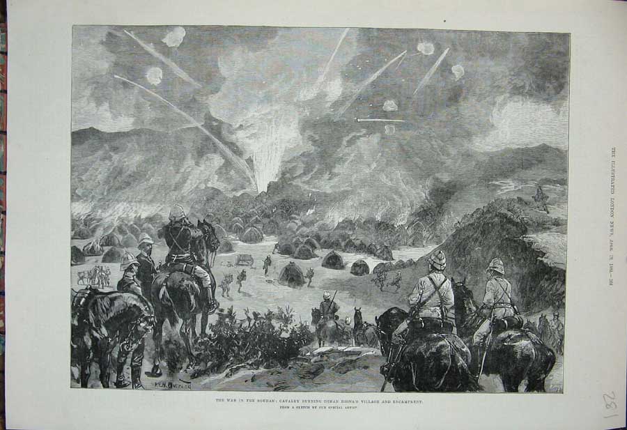 Original Old Antique Print 1884 War Soudan Siers Osman Dinga Fire Village Camp