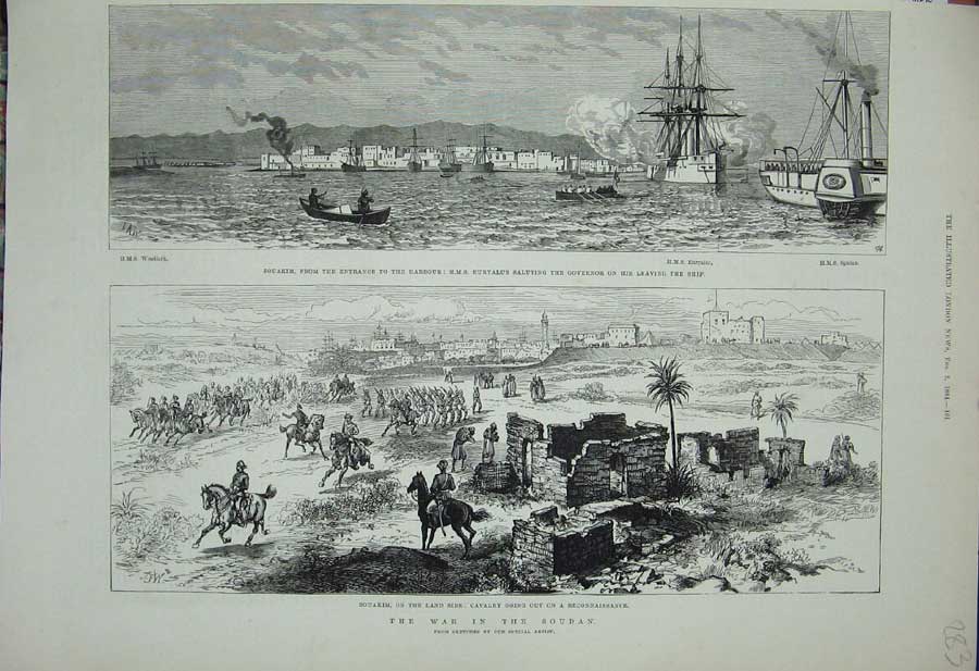 Original Old Antique Print 1884 War Soudan Souakim Harbour Euryalus Ship Sphinx