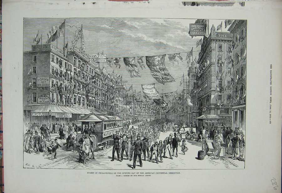 Old Antique Print 1876 Street Philadelphia America Centennial Exhibition 19th