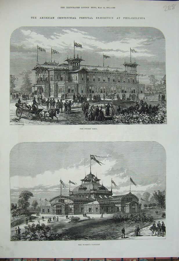 Old Antique Print 1876 American Centennial Exhibition Philadelphia Hall 19th