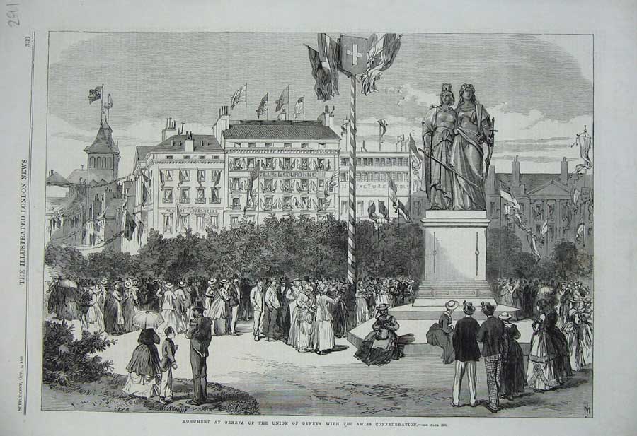 Old Antique Print Monument Geneva Union Swiss Confederation 1869 Statue 19th