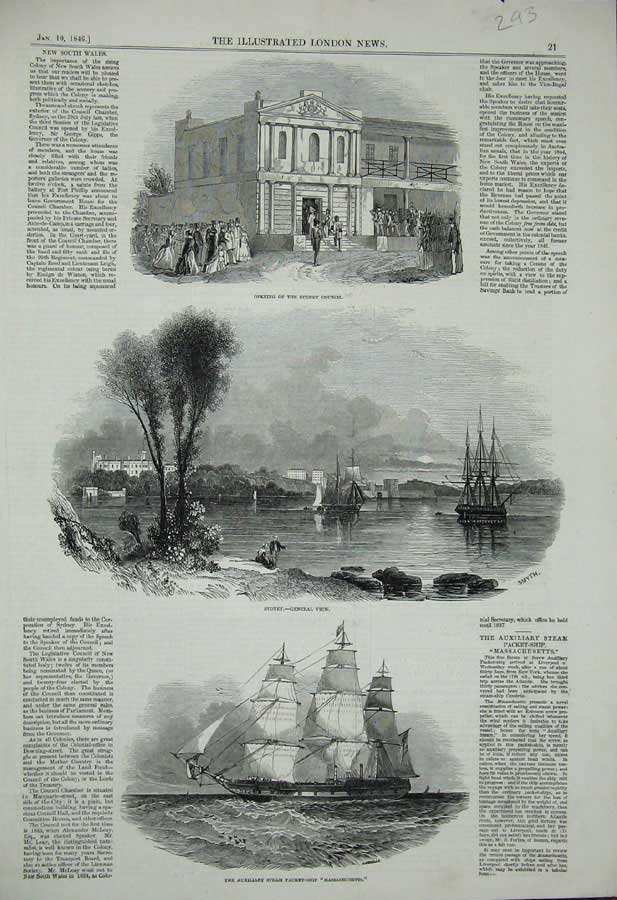 Antique Old Print 1846 Australia Sydney Council Packet-Ship Massachusetts 19th