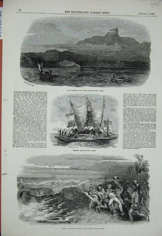 Old Antique Print 1848 Cape Possession Mount Victoria Guinea Canoe Native 19th