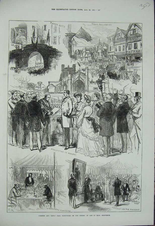 Old Antique Print 1874 Chester Eaton Hall Party Earl Grosvenor Procession 19th