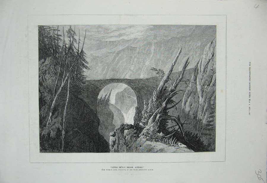 Old Antique Print 1872 View Little Devil'S Bridge Altdorf Mountains Trees 19th