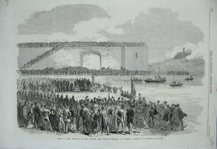 Old Antique Print Empress French Prince Imperial Corsica Bastia 1869 Boat 19th