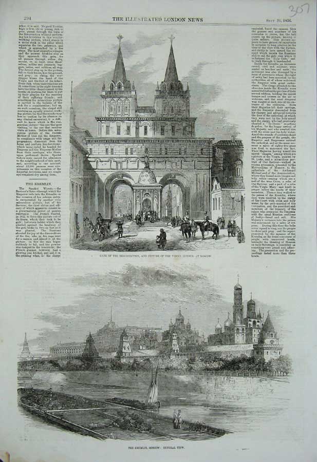 Original Old Antique Print 1856 Kremilin Moscow Gate Resurrection Virgin Mother