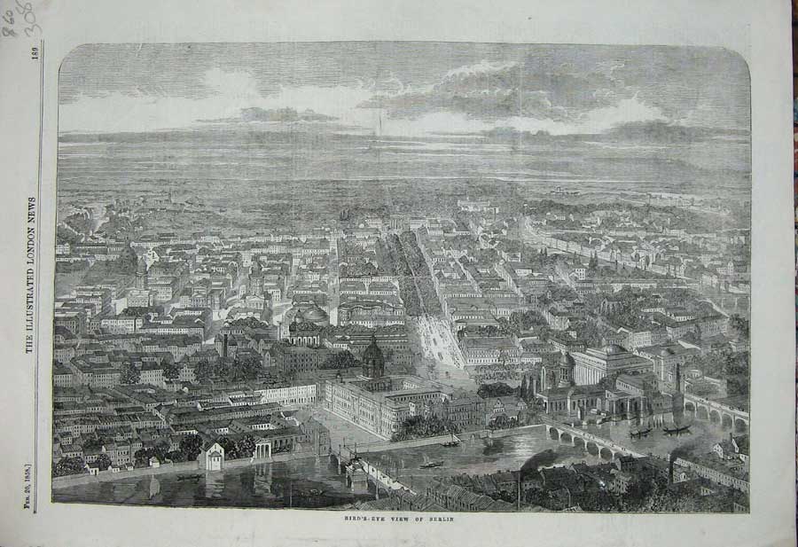 Old Antique Print 1858 Birds-Eye View Berlin Germany River Bridge Houses 19th