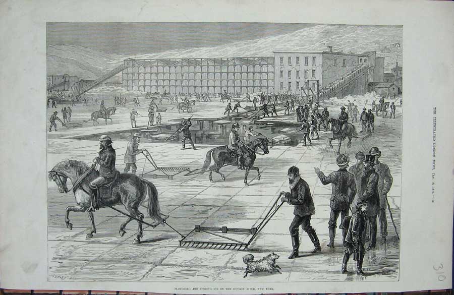 Old Antique Print Ploughing Storing Ice Hudson River New York1875 America 19th