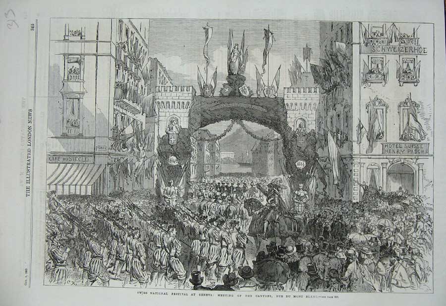 Old Antique Print 1869 Swiss National Festival Geneva Cantons Mont Blanc 19th