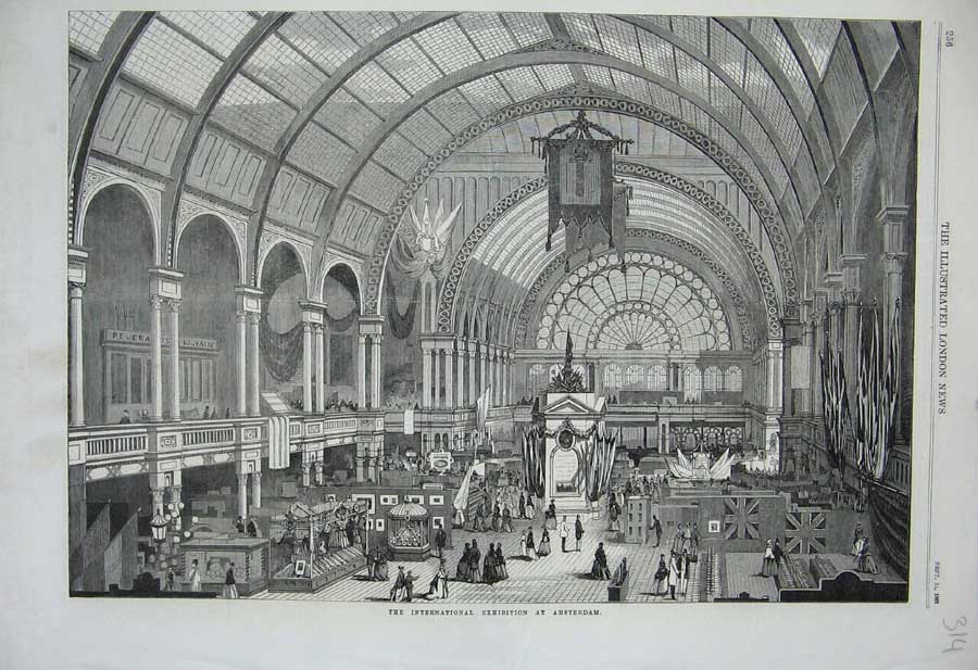 Original Old Antique Print 1869 Interior International Exhibition Amsterdam