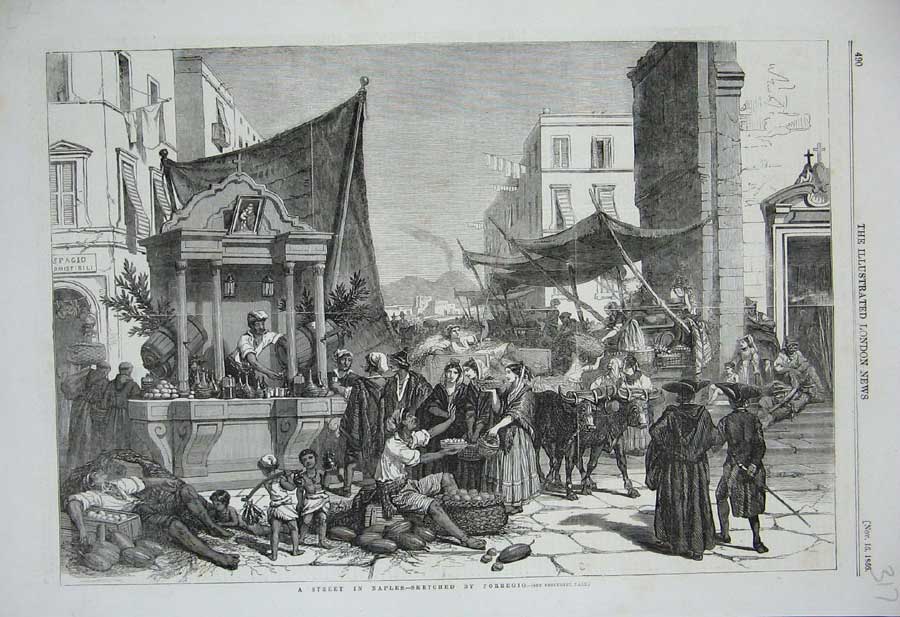 Original Old Antique Print 1856 Scene Street Naples Italy People Town Cows 19th