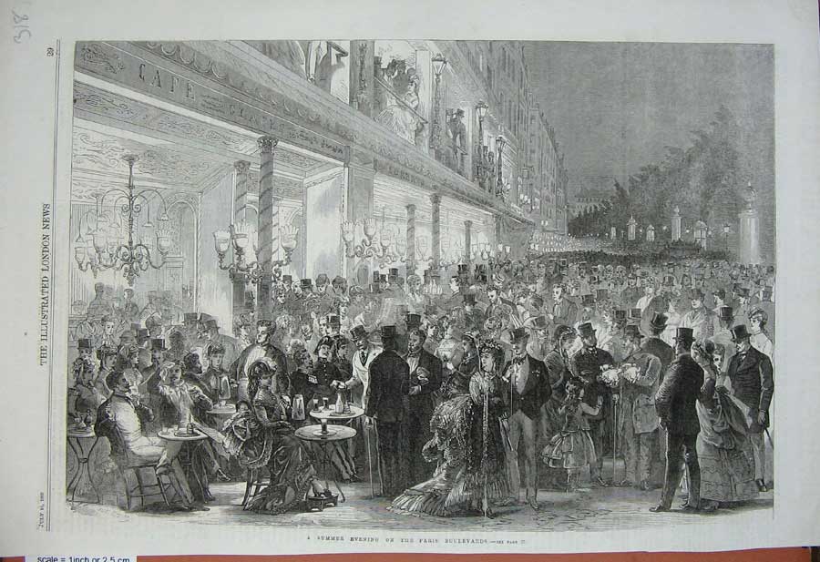Old Antique Print 1869 Summer Evening Paris Boulevards France People Art 19th
