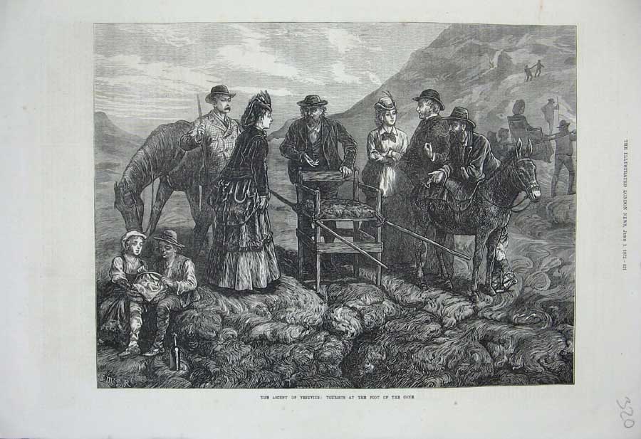 Original Old Antique Print 1872 Ascent Vesuvius Tourists Cone Mountain Volcano
