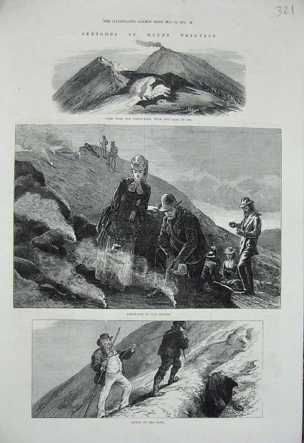 Original Old Antique Print 1872 Mount Vesuvius Mountain Volcano Crater Lava Art