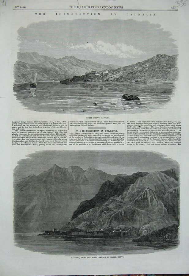 Old Antique Print 1869 Castel Nuovo Cattaro Dalmatia Insurrection Hills 19th